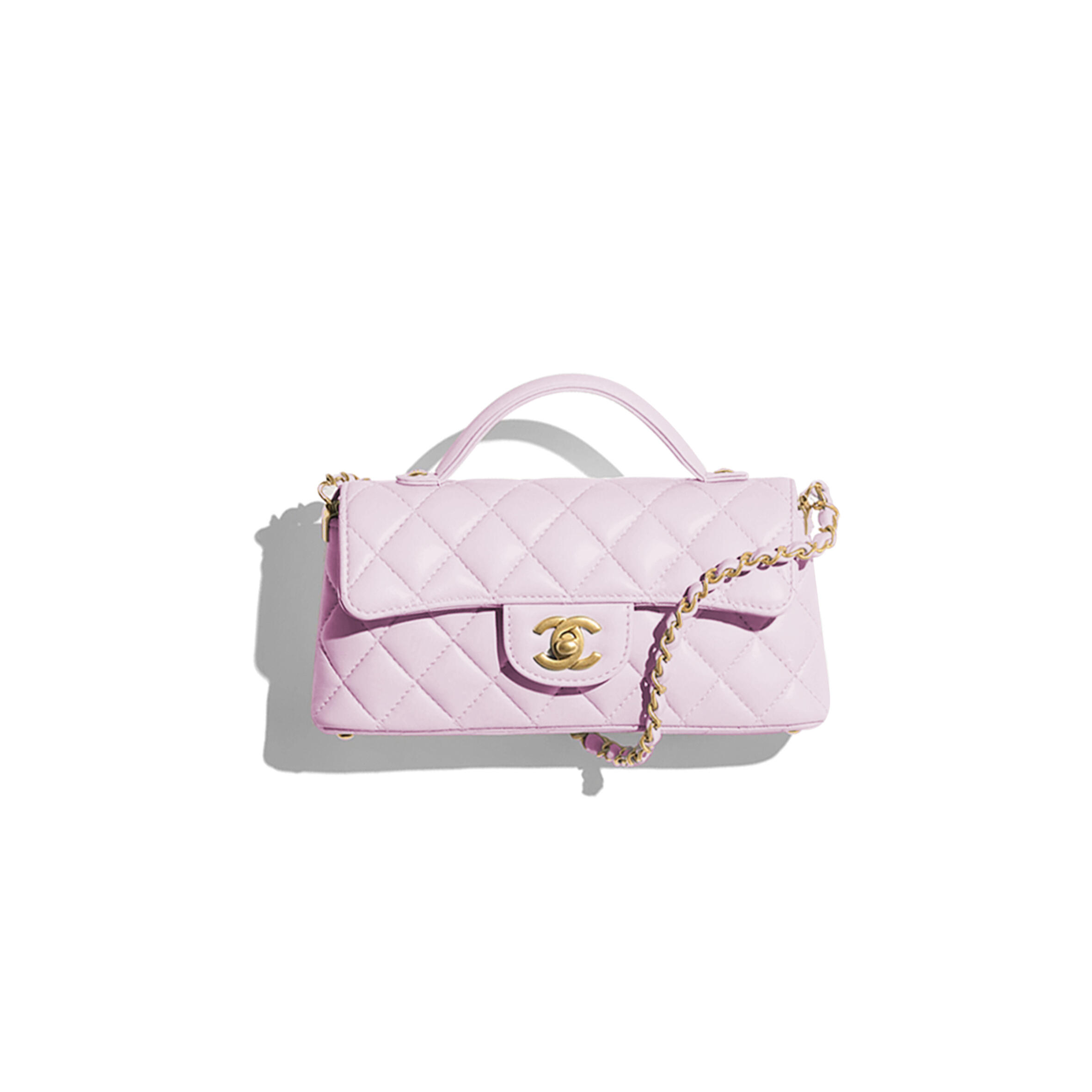 Ch*el mini flap bag with top handle lambskin & gold-tone metal light pink as5354 (20*14*5.5cm)